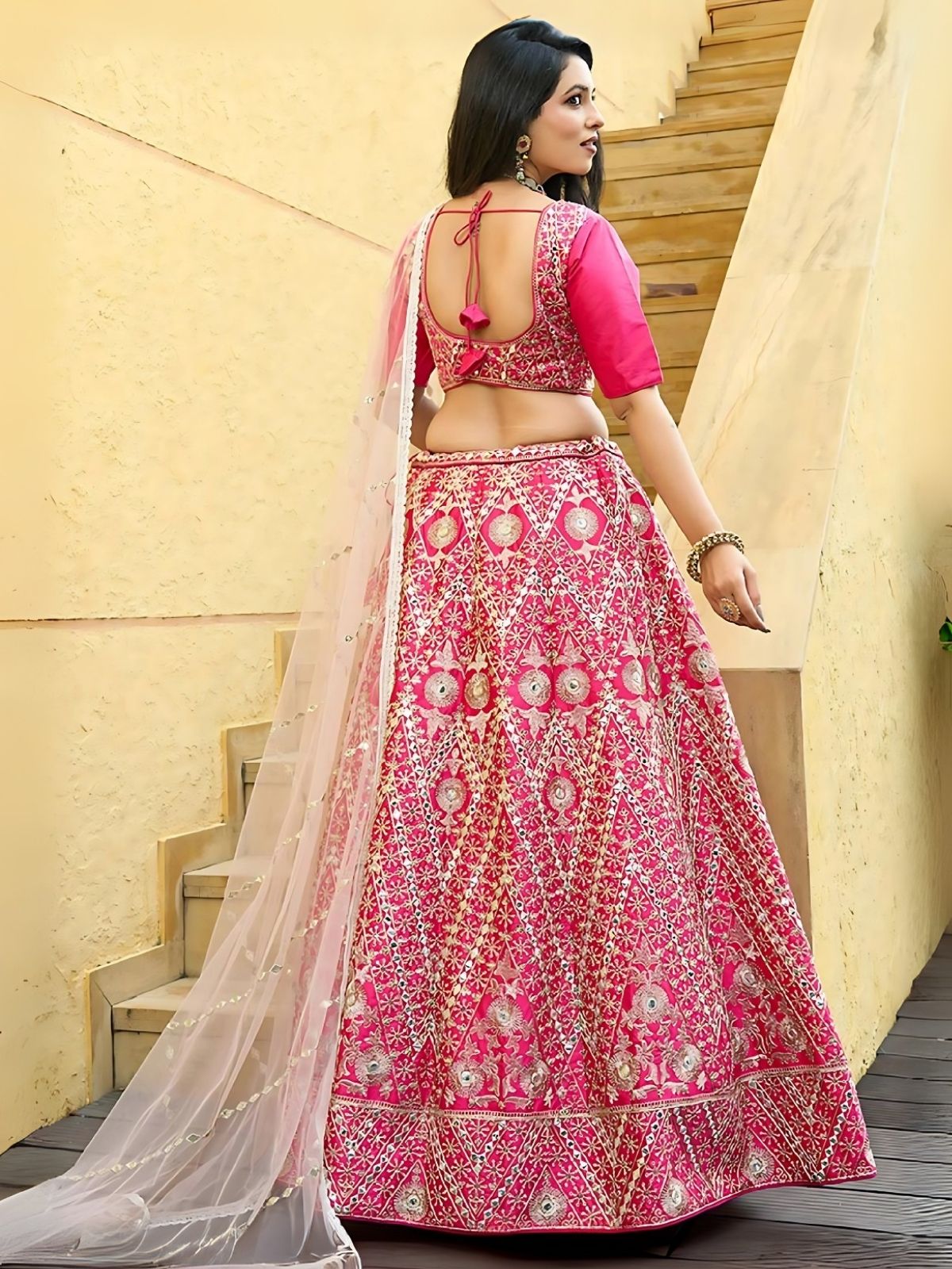 Odette Pink Silk Blend Embroidered Semi-Stitched Lehenga For Women