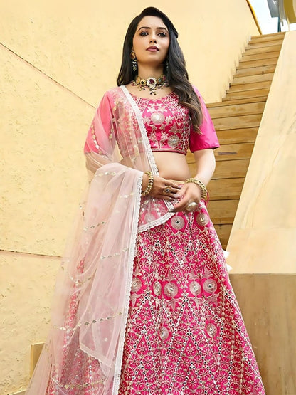 Odette Pink Silk Blend Embroidered Semi-Stitched Lehenga For Women
