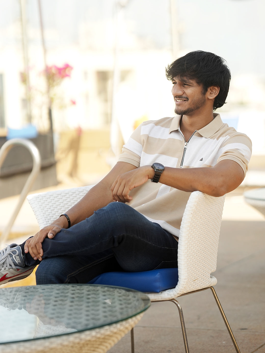 Fawn Jacquard Block Design Zipper Polo T Shirt