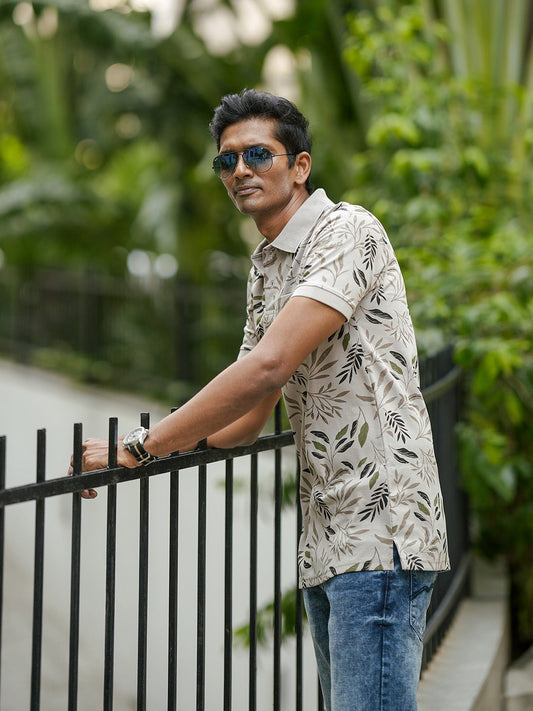 Beige Floral Printed Polo T Shirt