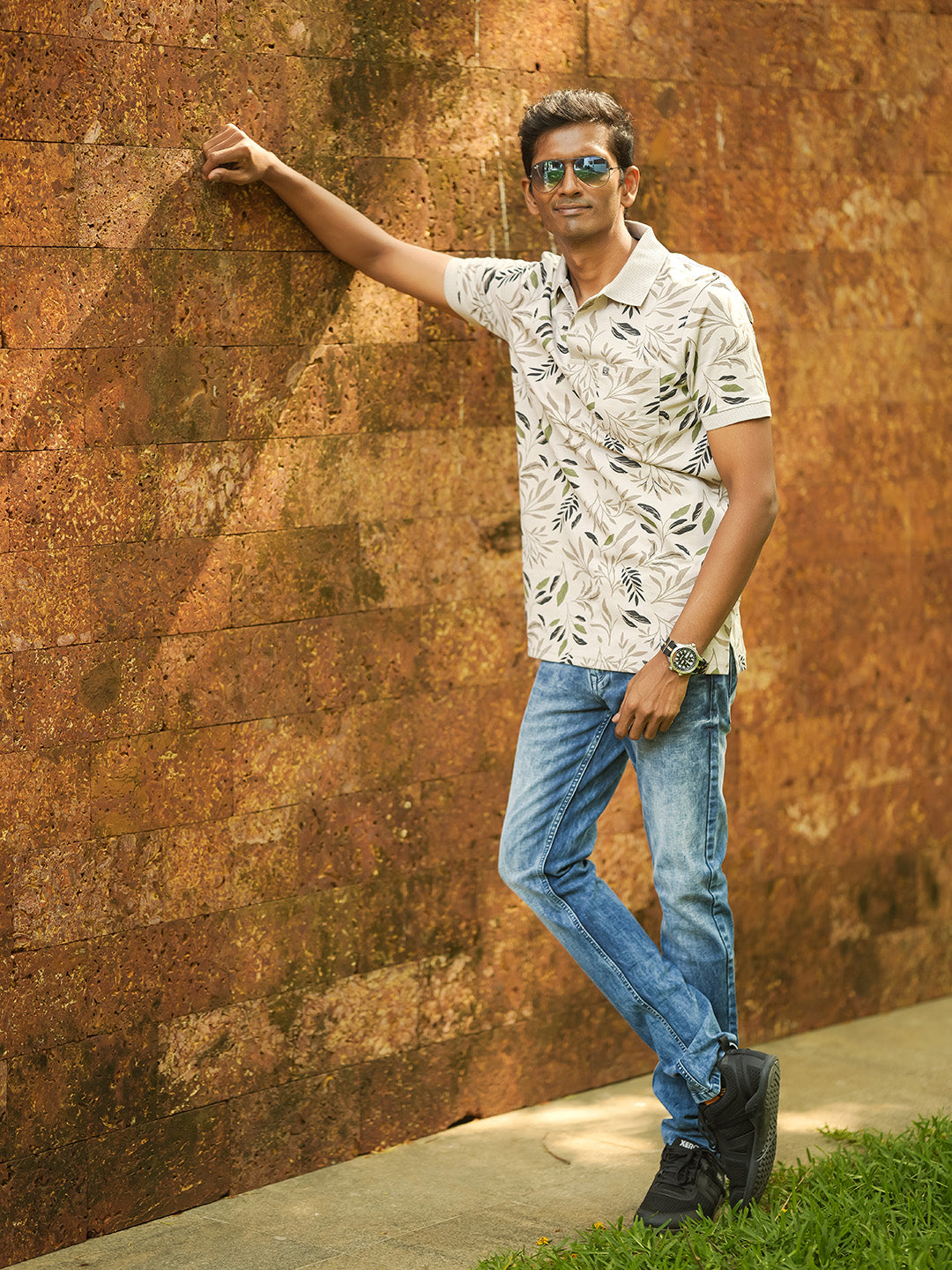 Beige Floral Printed Polo T Shirt