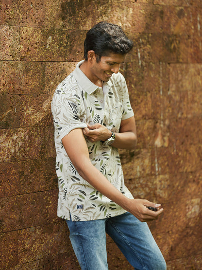 Beige Floral Printed Polo T Shirt