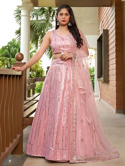 Odette Light Pink Georgette Embellished Semi-Stitched Lehenga For Women
