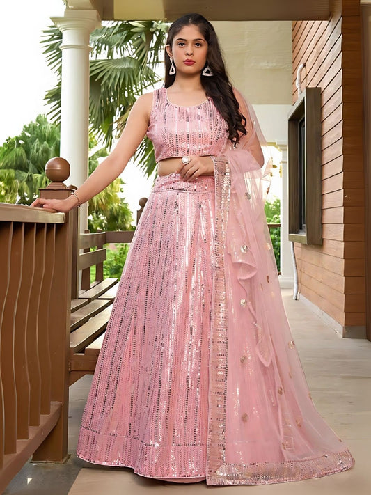 Odette Light Pink Georgette Embellished Semi-Stitched Lehenga For Women