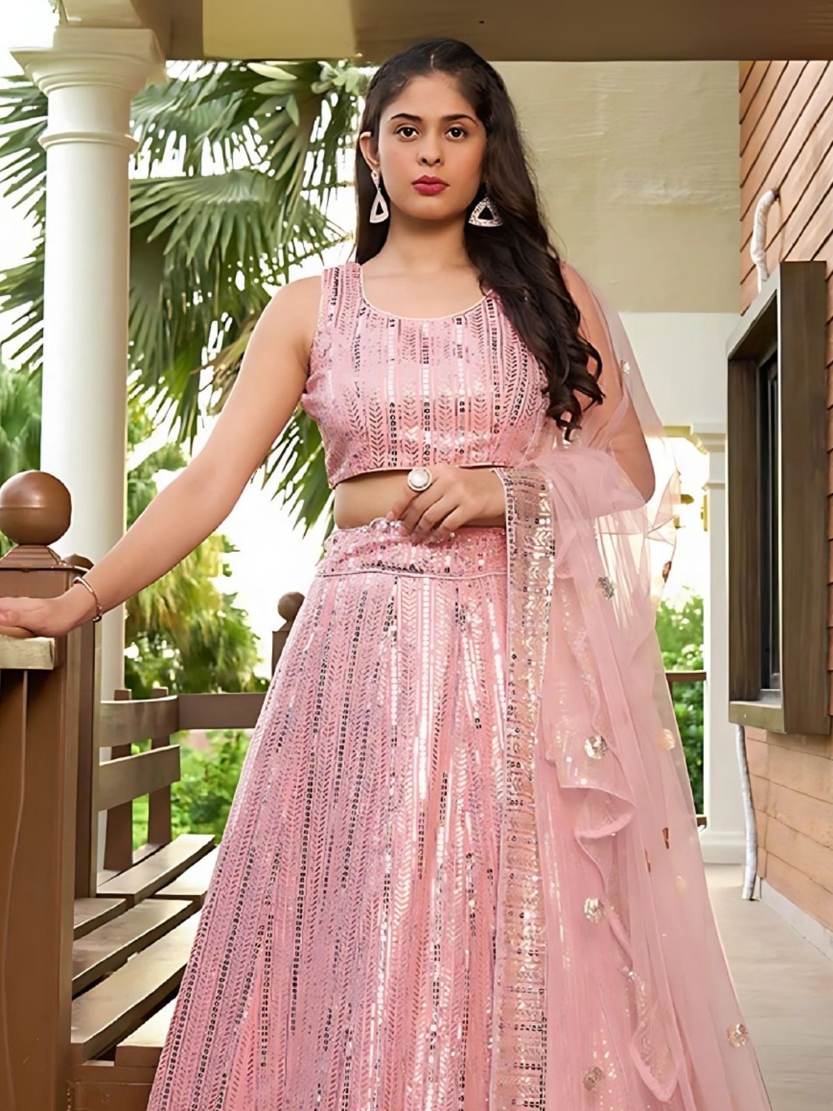 Odette Light Pink Georgette Embellished Semi-Stitched Lehenga For Women