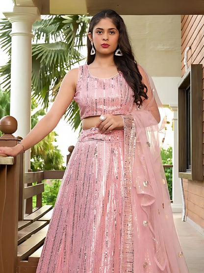 Odette Light Pink Georgette Embellished Semi-Stitched Lehenga For Women