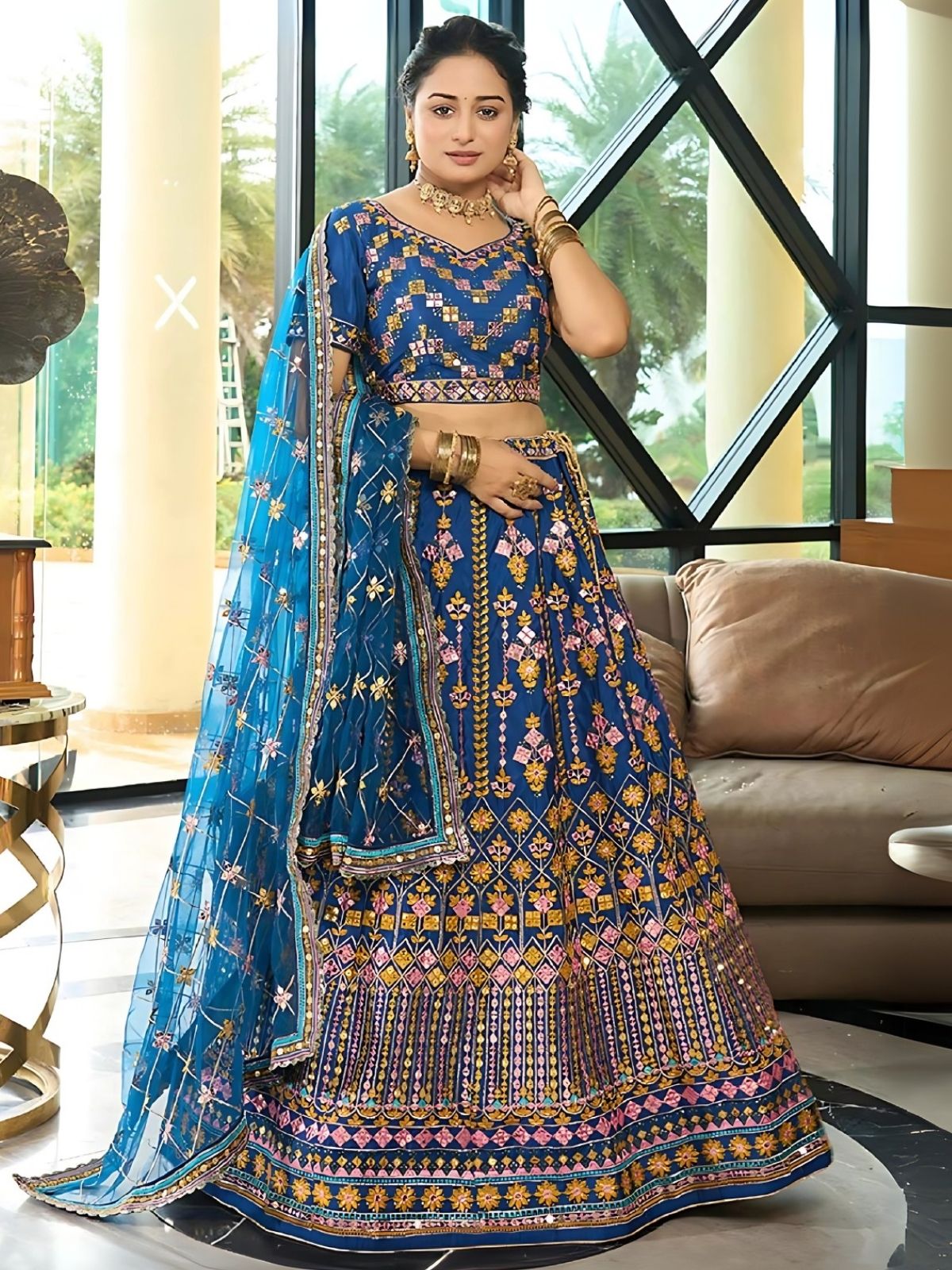 Odette Blue Chinon Silk Embroidered Semi-Stitched Lehenga For Women