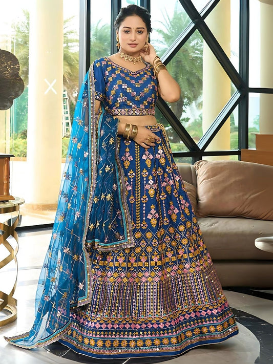 Odette Blue Chinon Silk Embroidered Semi-Stitched Lehenga For Women