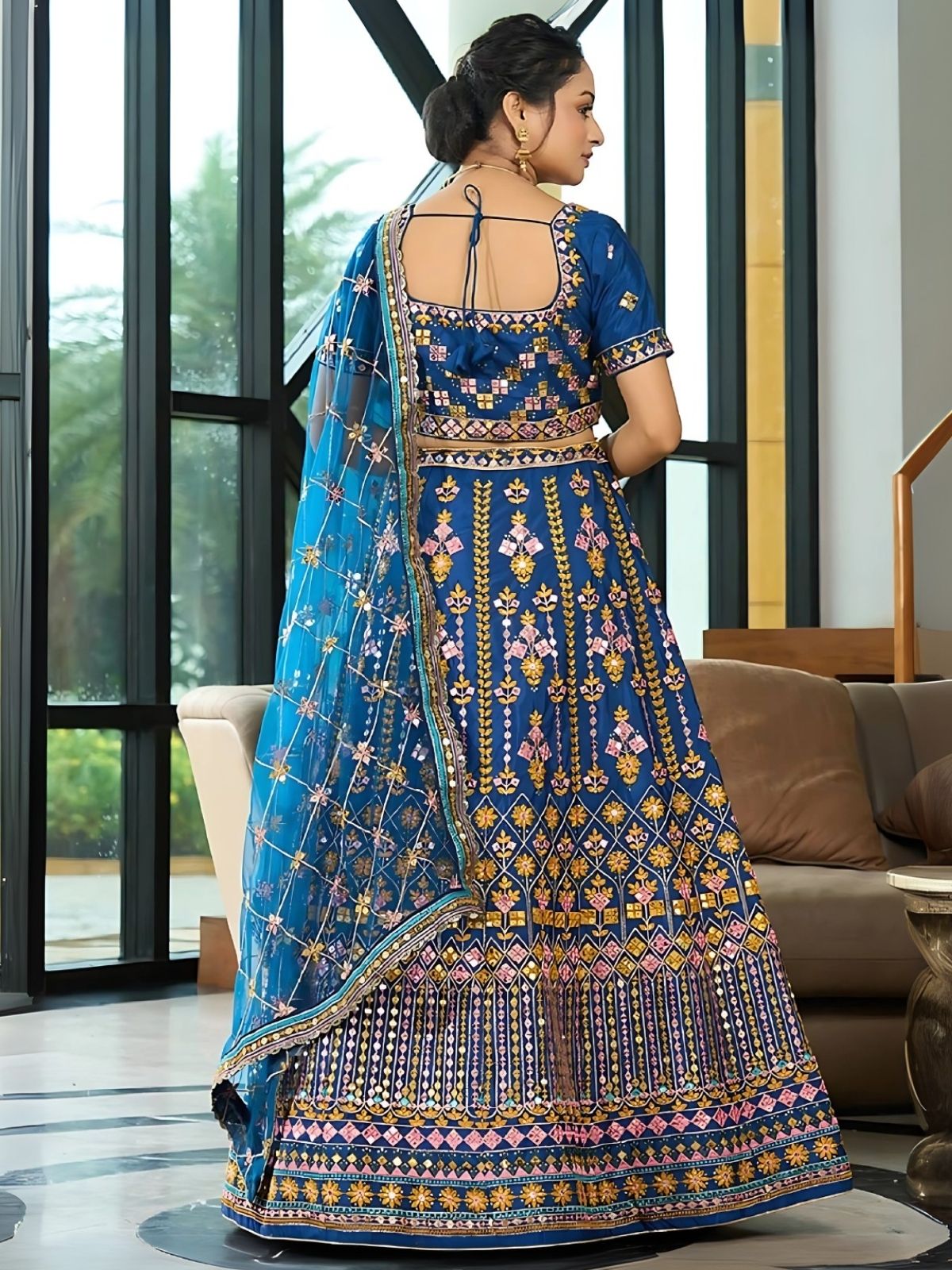 Odette Blue Chinon Silk Embroidered Semi-Stitched Lehenga For Women