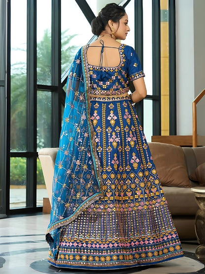 Odette Blue Chinon Silk Embroidered Semi-Stitched Lehenga For Women