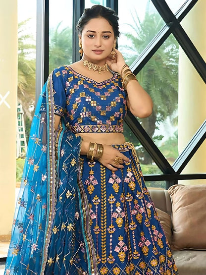 Odette Blue Chinon Silk Embroidered Semi-Stitched Lehenga For Women