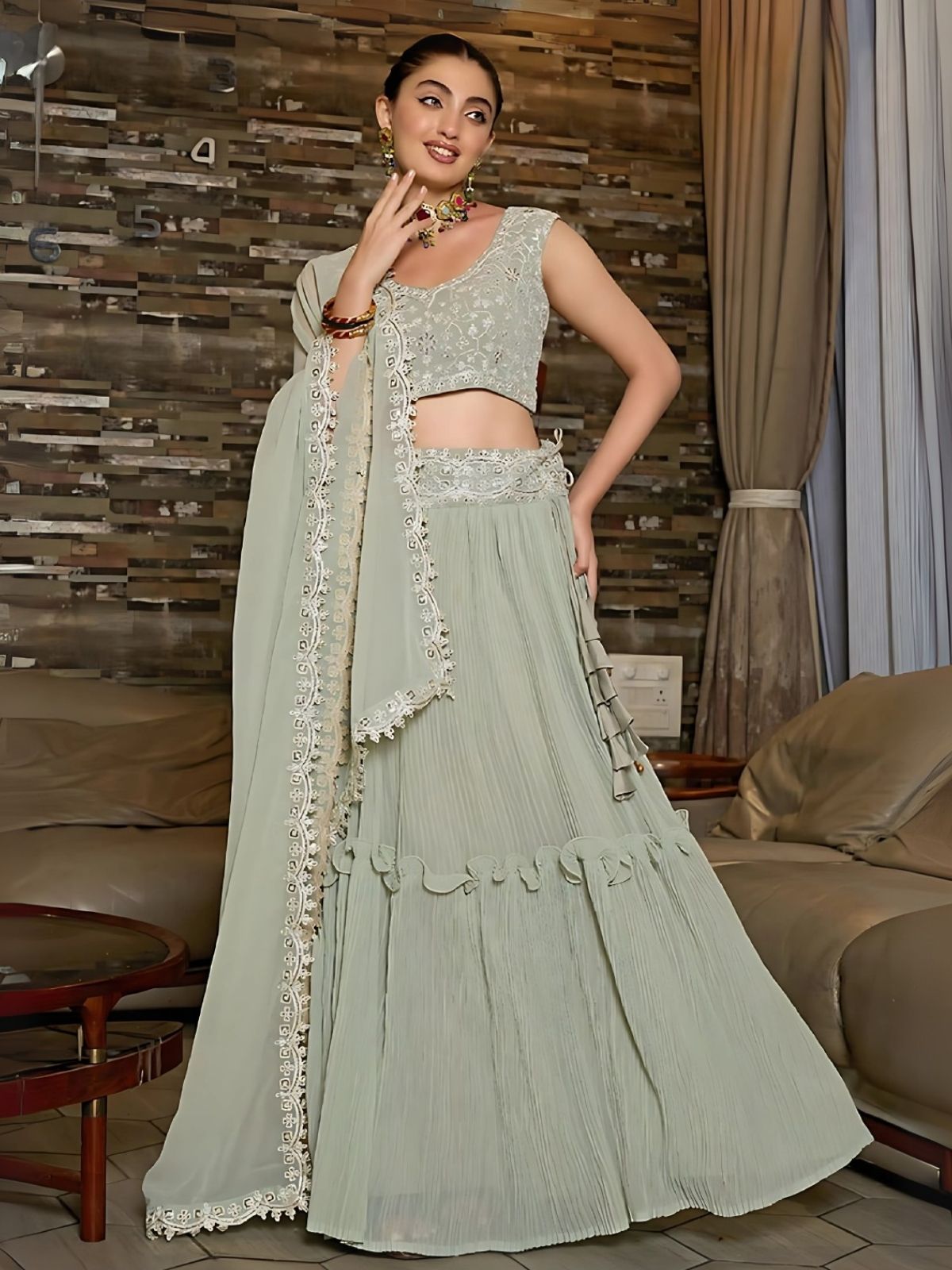 Odette Grey Georgette Embroidered Semi-Stitched Lehenga For Women