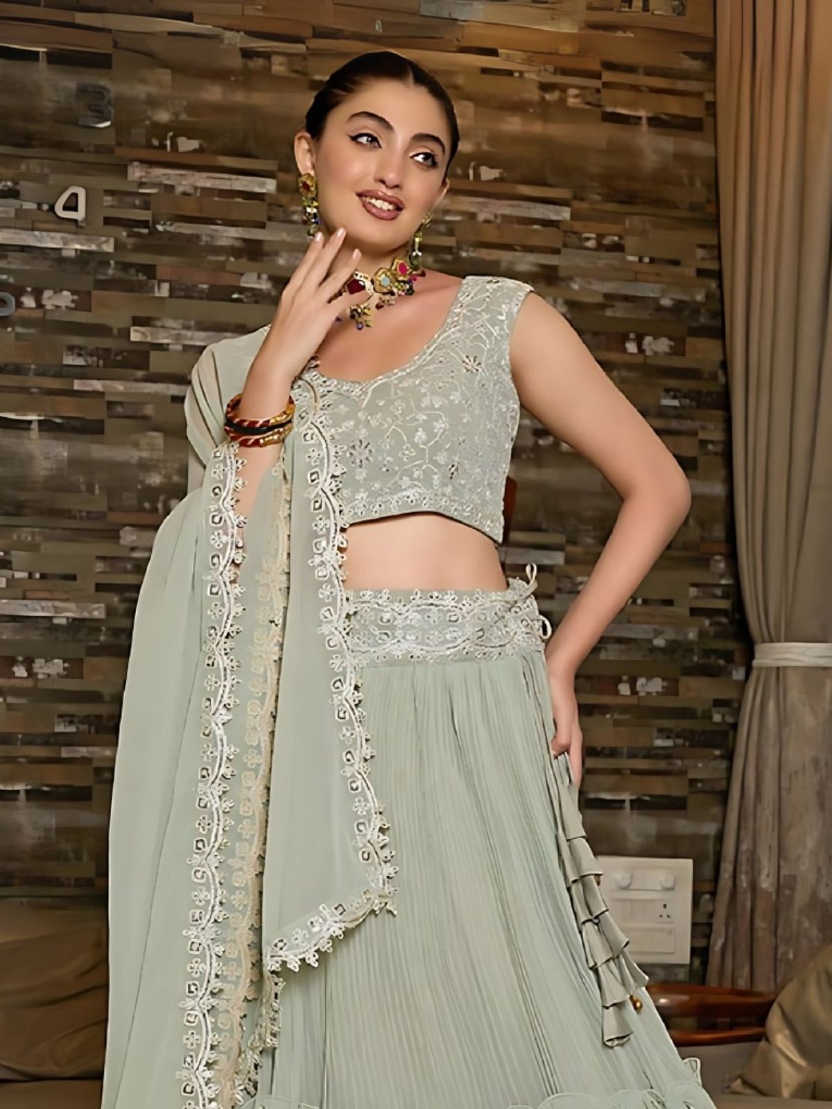 Odette Grey Georgette Embroidered Semi-Stitched Lehenga For Women