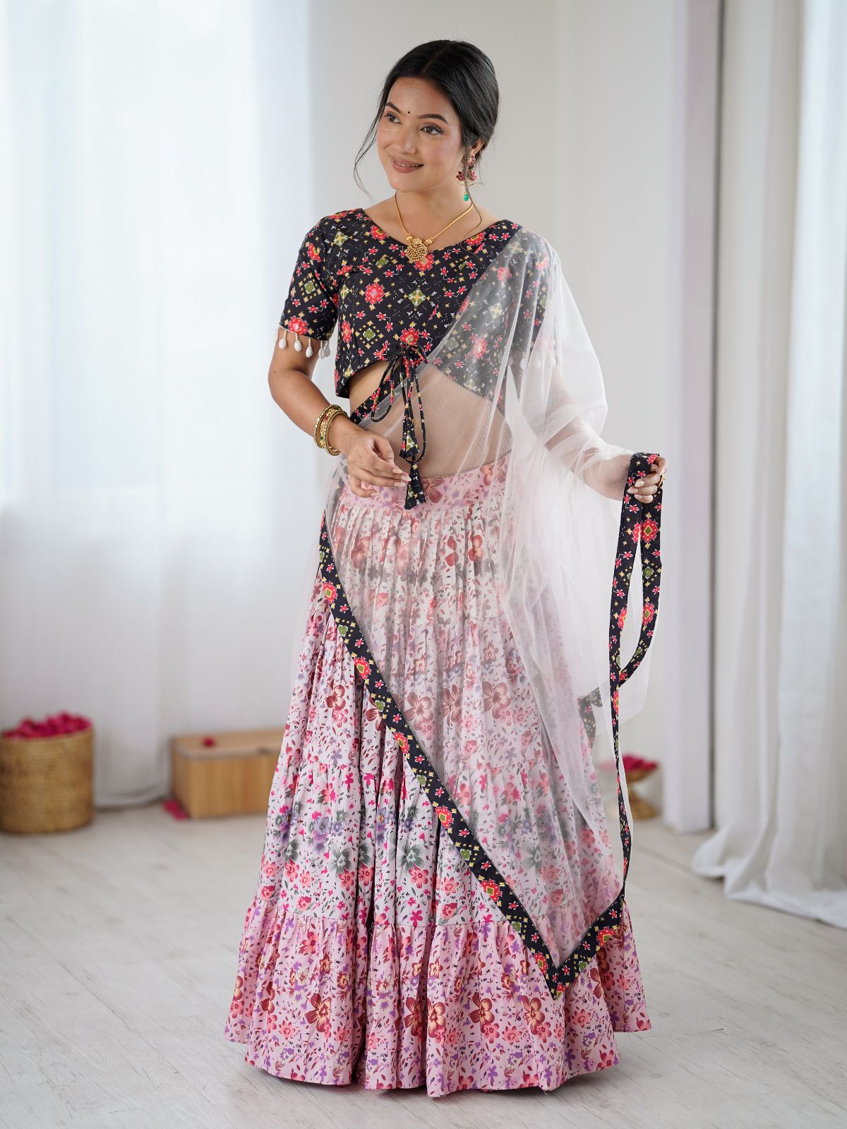 Odette Pink & Black Viscose Rayon Printed Lehenga For Women