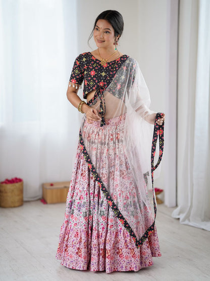 Odette Pink & Black Viscose Rayon Printed Lehenga For Women