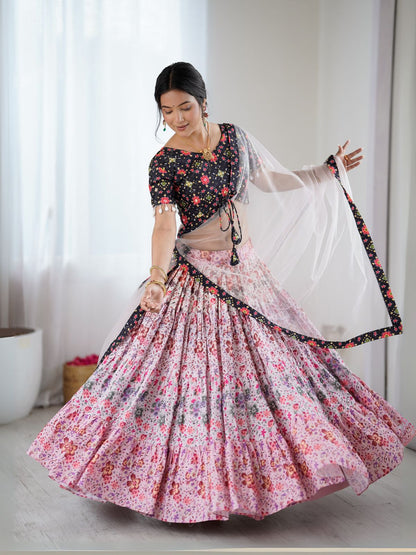Odette Pink & Black Viscose Rayon Printed Lehenga For Women
