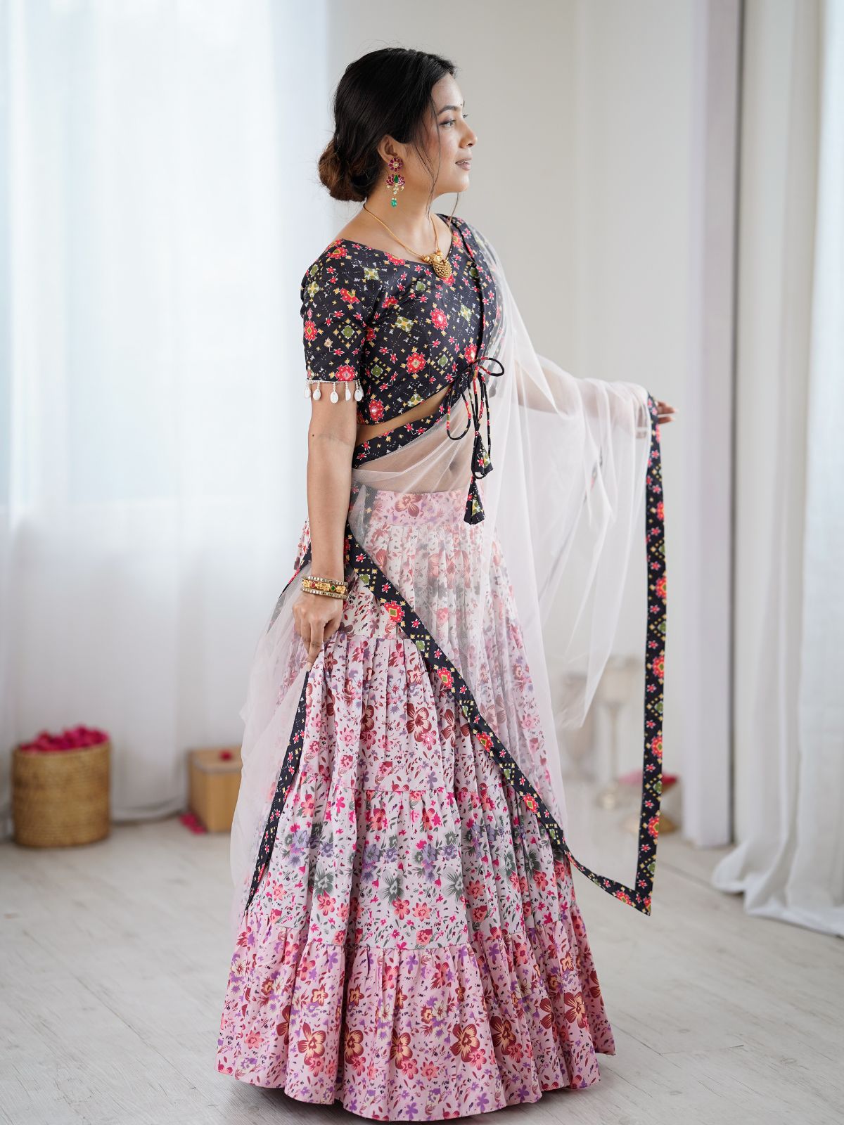 Odette Pink & Black Viscose Rayon Printed Lehenga For Women