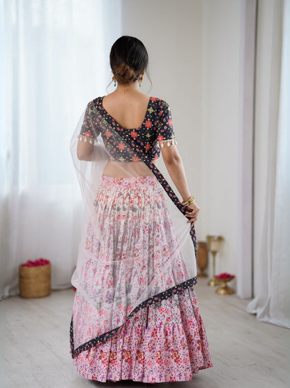 Odette Pink & Black Viscose Rayon Printed Lehenga For Women