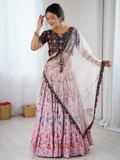 Odette Pink & Black Viscose Rayon Printed Lehenga For Women