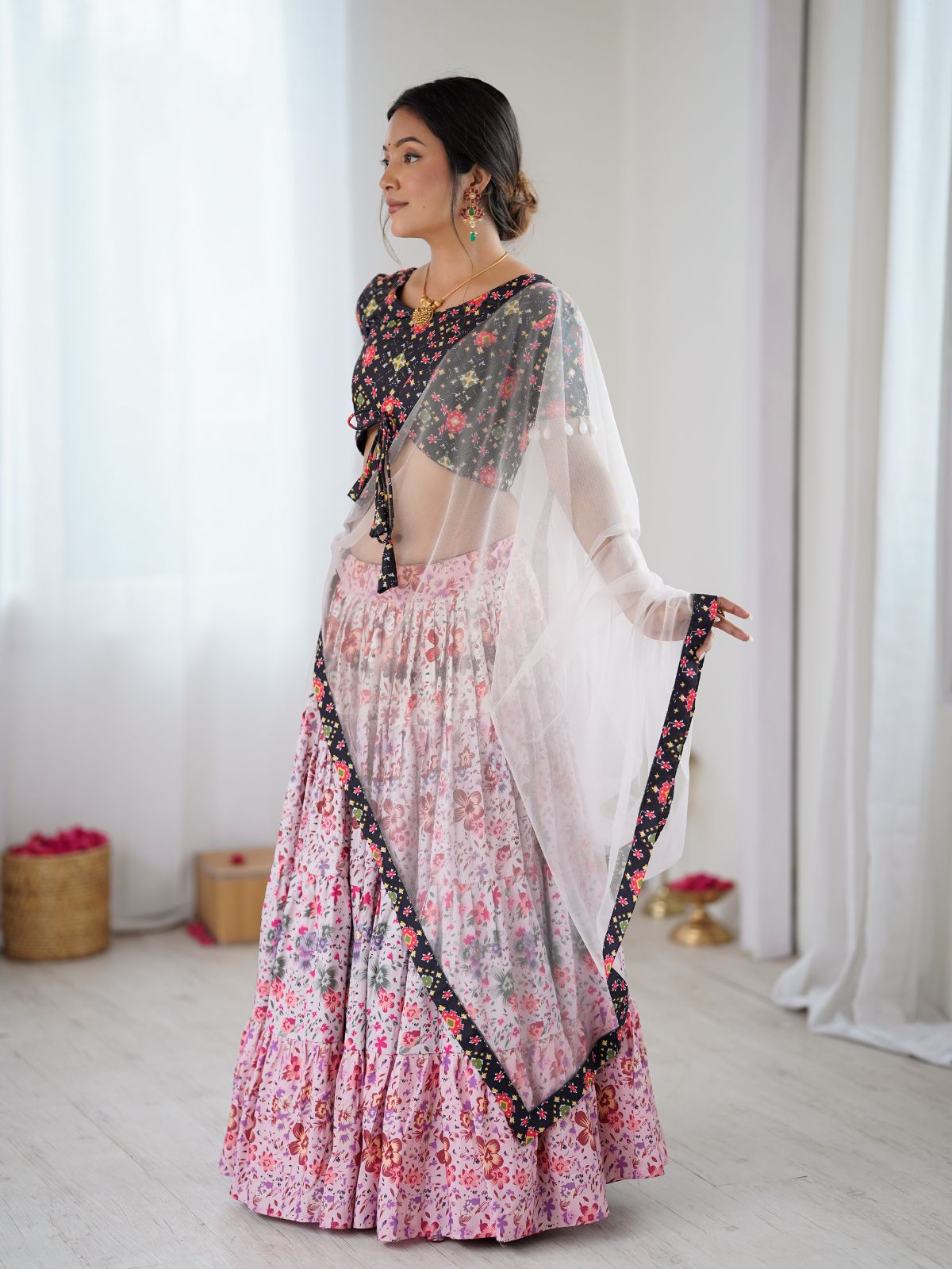 Odette Pink & Black Viscose Rayon Printed Lehenga For Women