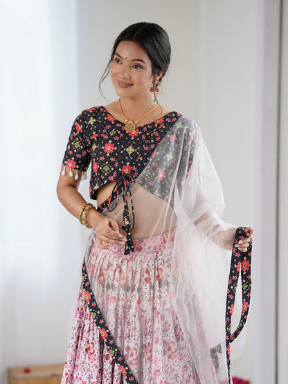 Odette Pink & Black Viscose Rayon Printed Lehenga For Women
