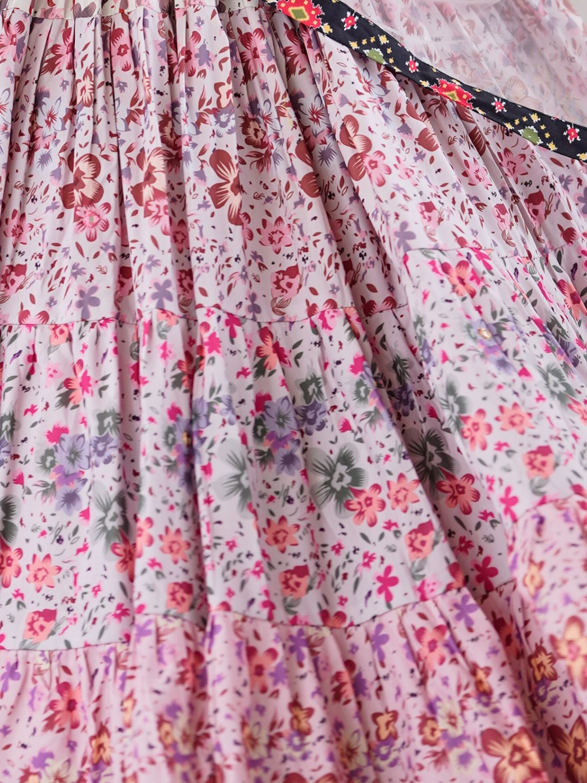 Odette Pink & Black Viscose Rayon Printed Lehenga For Women