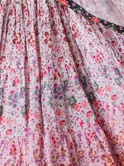 Odette Pink & Black Viscose Rayon Printed Lehenga For Women