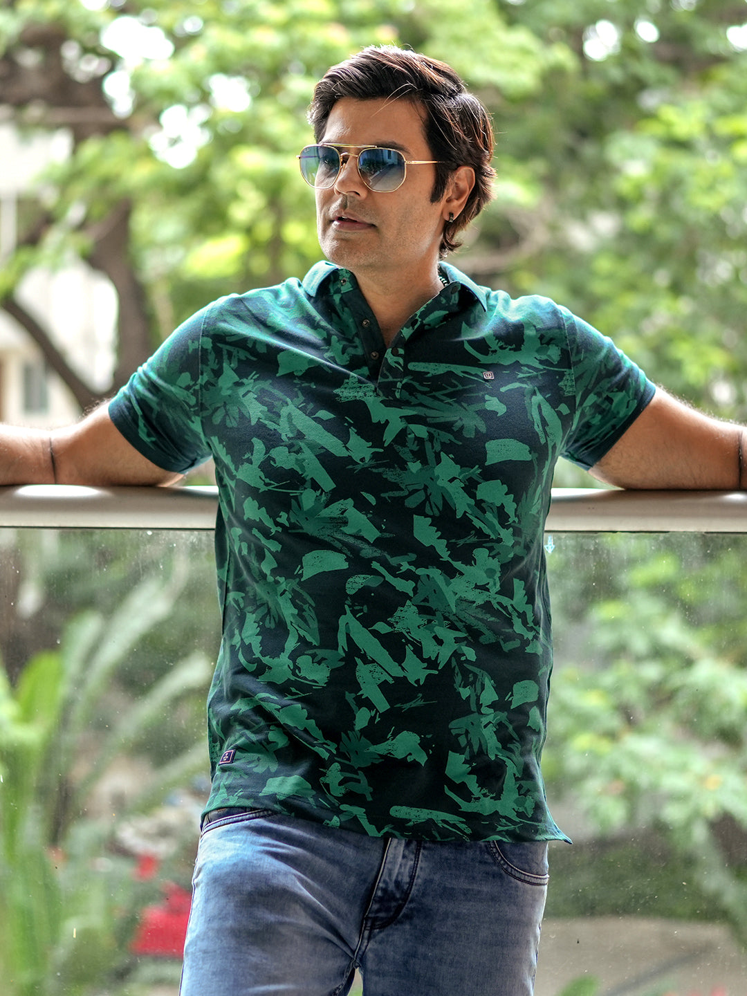 Green Printed Polo T Shirt