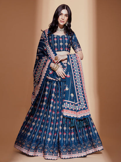 Odette Teal Printed Chinon  Semi Stitched Lehenga With Unstitched Blouse  For Women