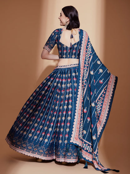 Odette Teal Printed Chinon  Semi Stitched Lehenga With Unstitched Blouse  For Women