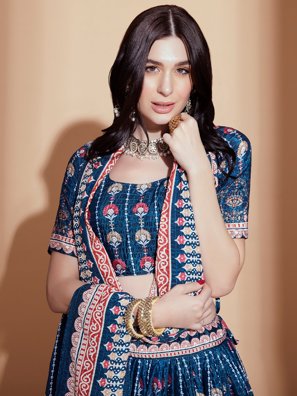 Odette Teal Printed Chinon  Semi Stitched Lehenga With Unstitched Blouse  For Women