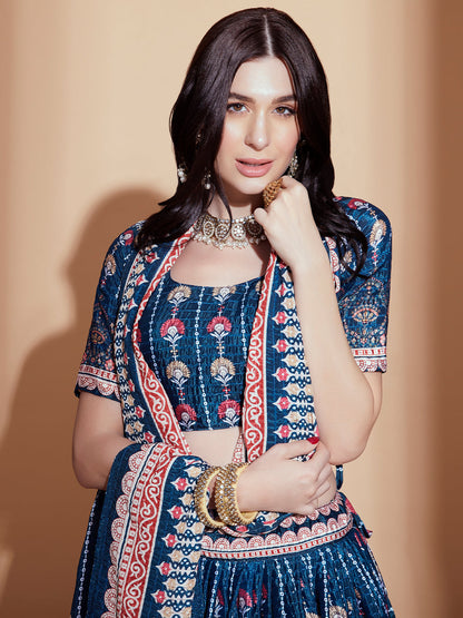 Odette Teal Printed Chinon  Semi Stitched Lehenga With Unstitched Blouse  For Women