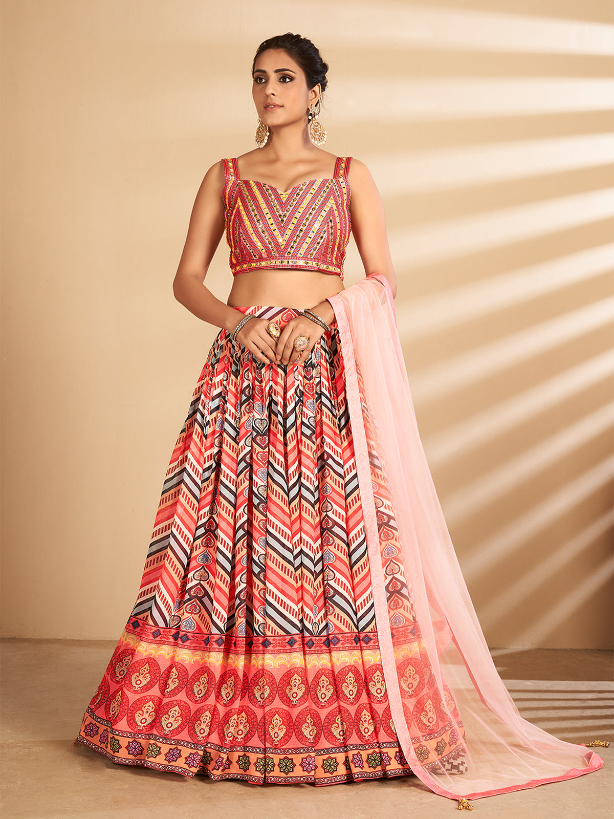 Odette Women Multicolor Printed, Handwork Art Silk Semi Stitched Lehenga With Unstitched Blouse
