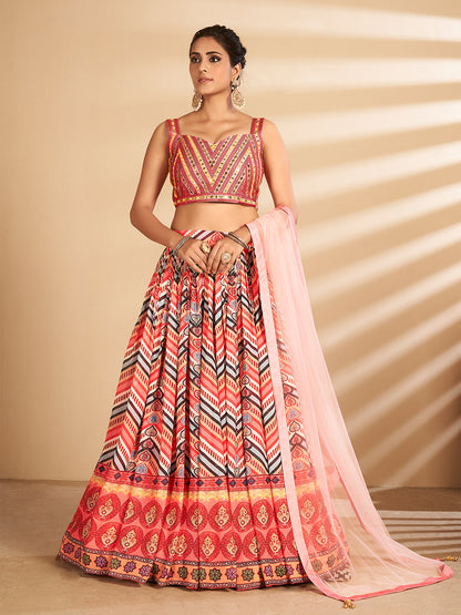 Odette Women Multicolor Printed, Handwork Art Silk Semi Stitched Lehenga With Unstitched Blouse