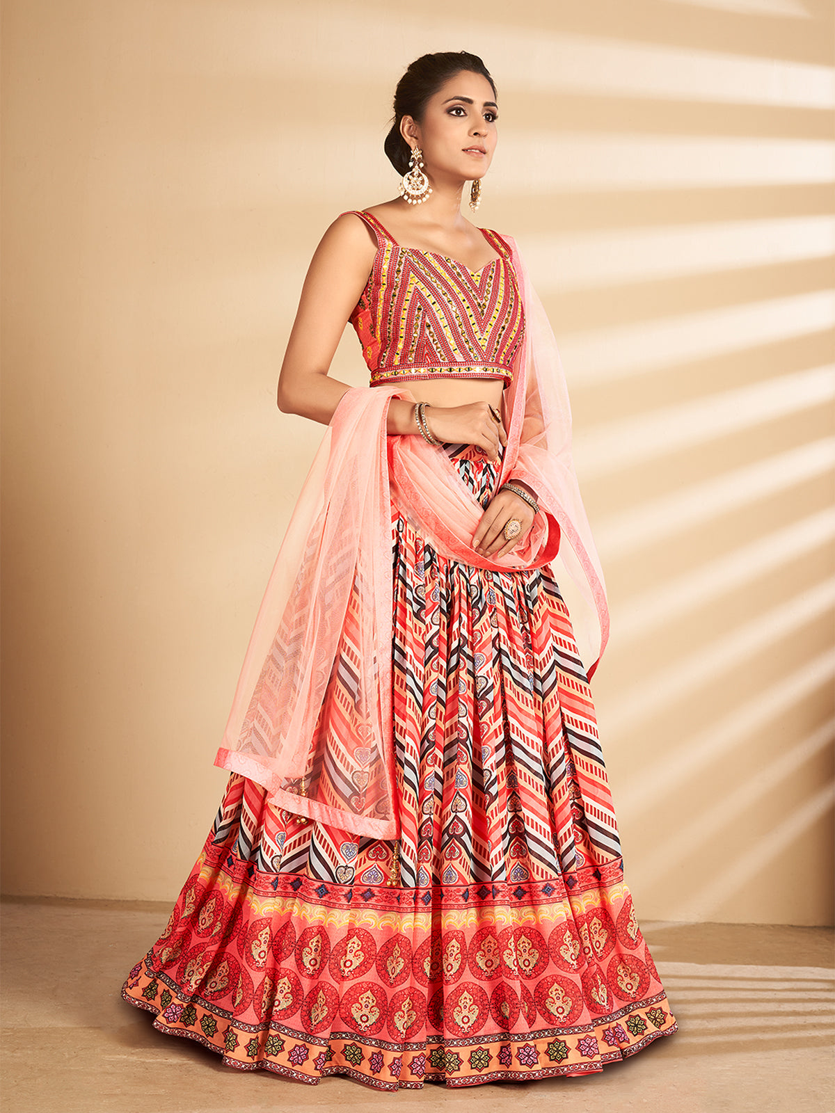 Odette Women Multicolor Printed, Handwork Art Silk Semi Stitched Lehenga With Unstitched Blouse