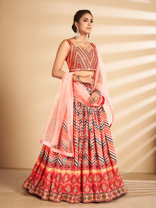 Odette Women Multicolor Printed, Handwork Art Silk Semi Stitched Lehenga With Unstitched Blouse