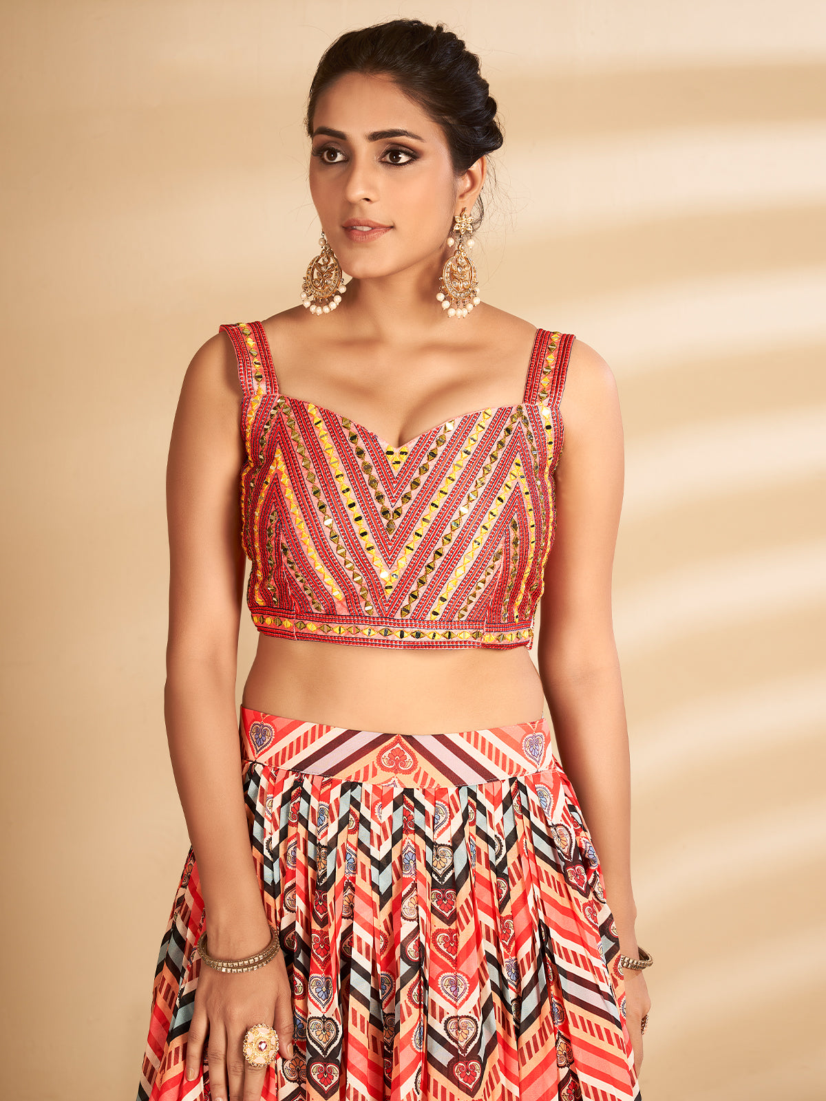 Odette Women Multicolor Printed, Handwork Art Silk Semi Stitched Lehenga With Unstitched Blouse