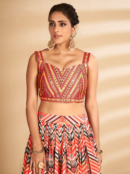 Odette Women Multicolor Printed, Handwork Art Silk Semi Stitched Lehenga With Unstitched Blouse