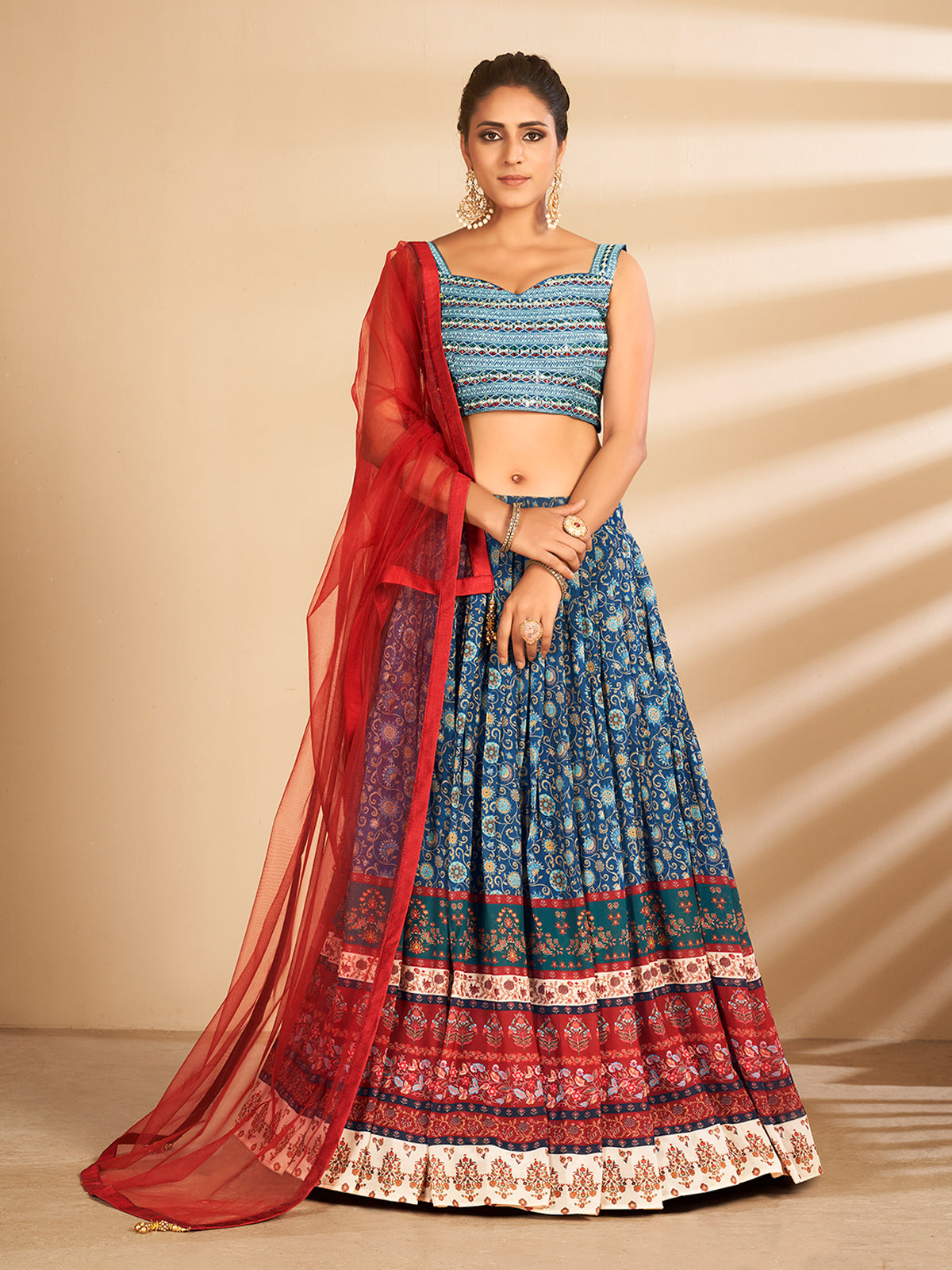 Odette Women Multicolor Printed, Handwork Art Silk Semi Stitched Lehenga With Unstitched Blouse