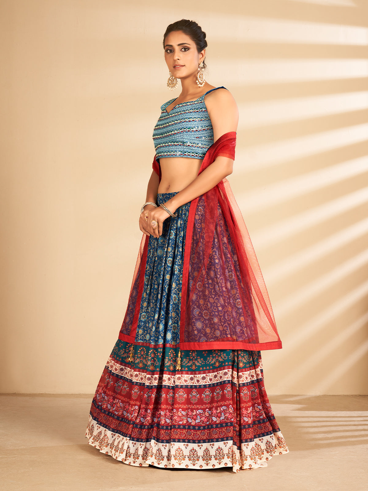 Odette Women Multicolor Printed, Handwork Art Silk Semi Stitched Lehenga With Unstitched Blouse