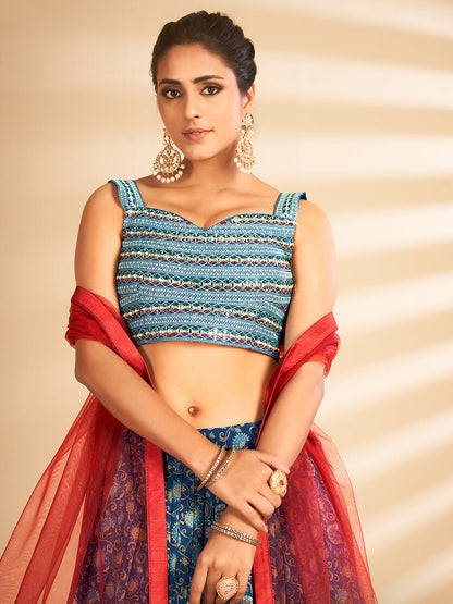 Odette Women Multicolor Printed, Handwork Art Silk Semi Stitched Lehenga With Unstitched Blouse