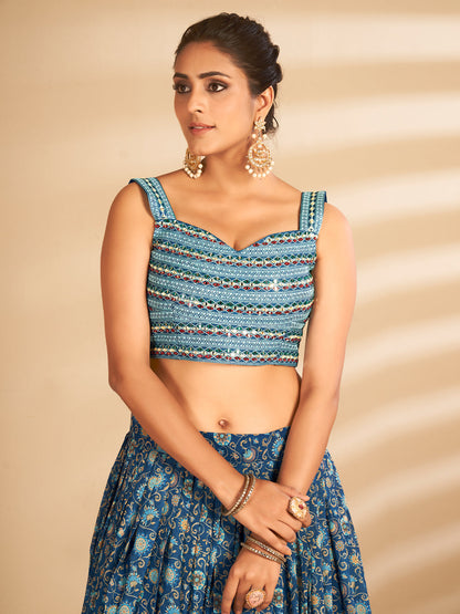 Odette Women Multicolor Printed, Handwork Art Silk Semi Stitched Lehenga With Unstitched Blouse