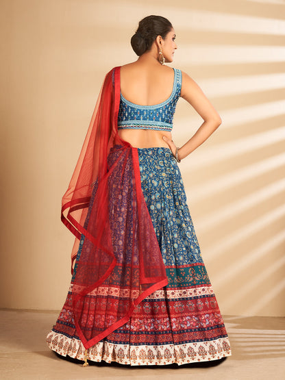 Odette Women Multicolor Printed, Handwork Art Silk Semi Stitched Lehenga With Unstitched Blouse