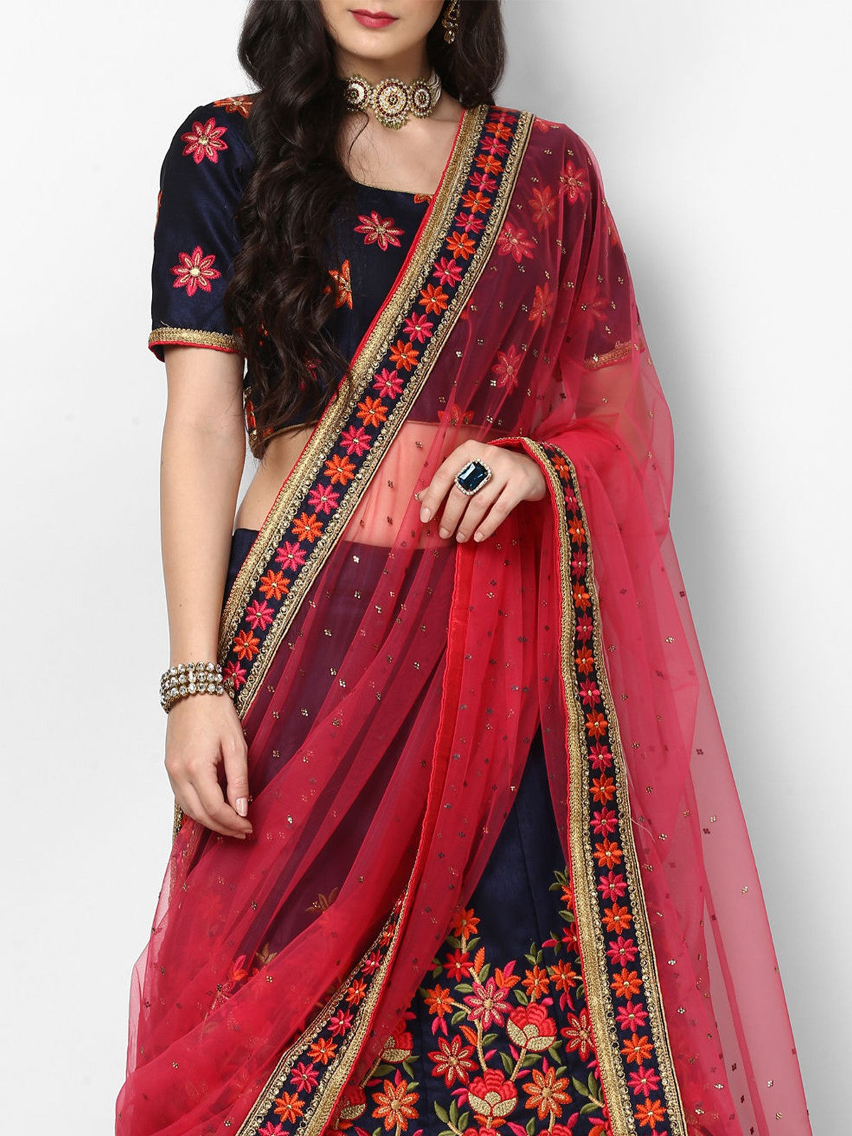 Odette Women Black And Pink Art Silk Semi Stitched Lehenga With Unstitched Blouse