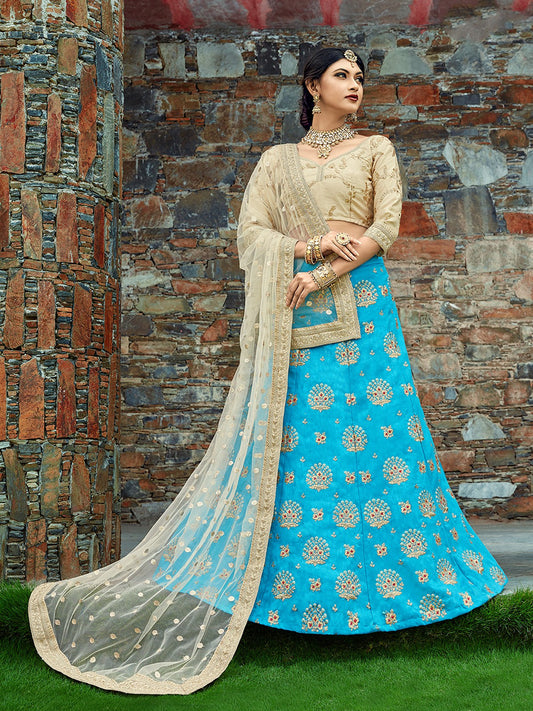Odette Women Aqua Blue Art Silk Semi Stitched Lehenga With Unstitched Blouse