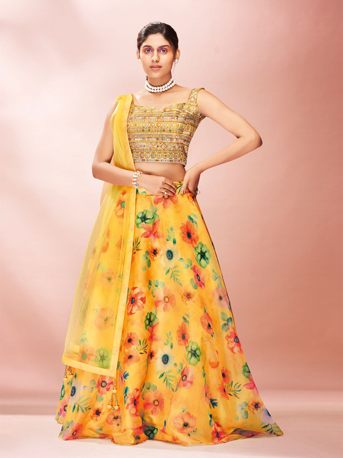 Odette Yellow Printed Organza Stitched Lehenga With Blouse For Women