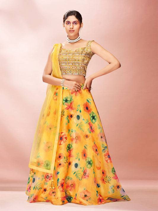 Odette Yellow Printed Organza Stitched Lehenga With Blouse For Women