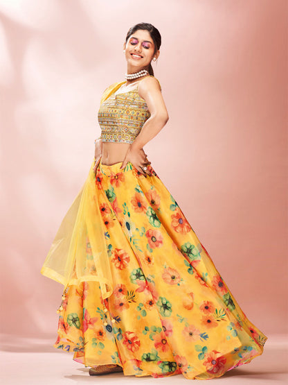 Odette Yellow Printed Organza Stitched Lehenga With Blouse For Women