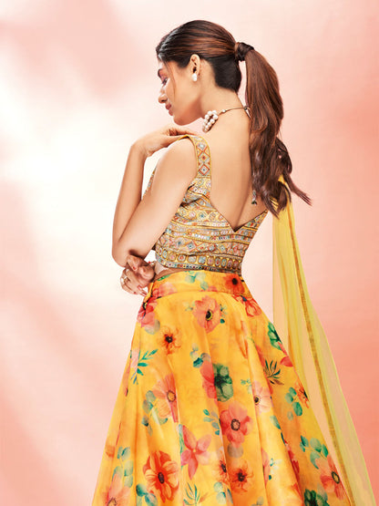 Odette Yellow Printed Organza Stitched Lehenga With Blouse For Women