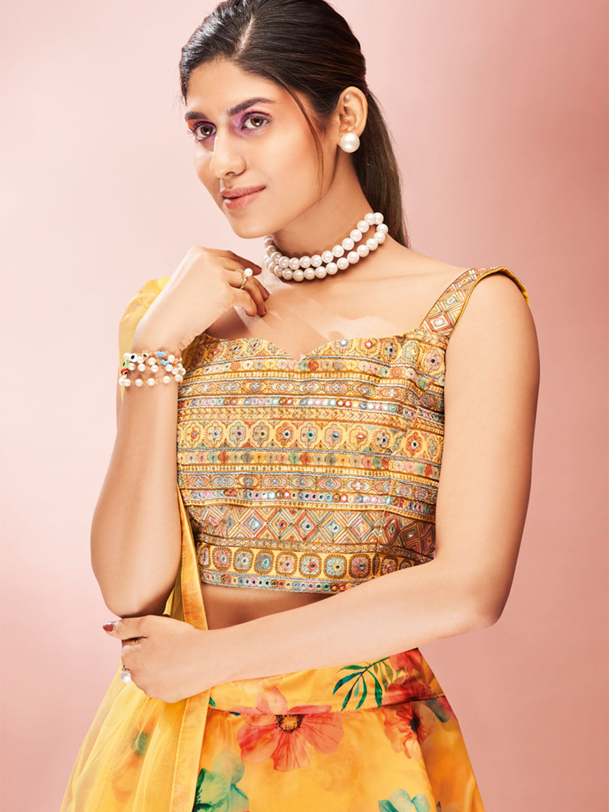 Odette Yellow Printed Organza Stitched Lehenga With Blouse For Women